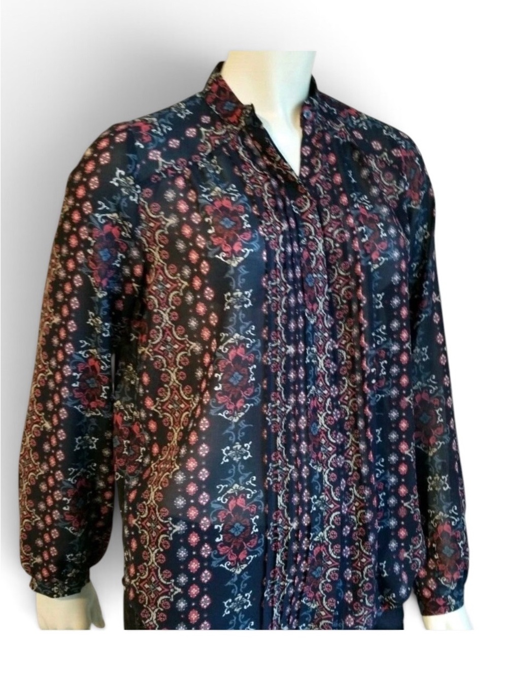 Abercrombie & Fitch Boho Floral Pintuck Blouse Navy Red Geometric Sheer Top XS